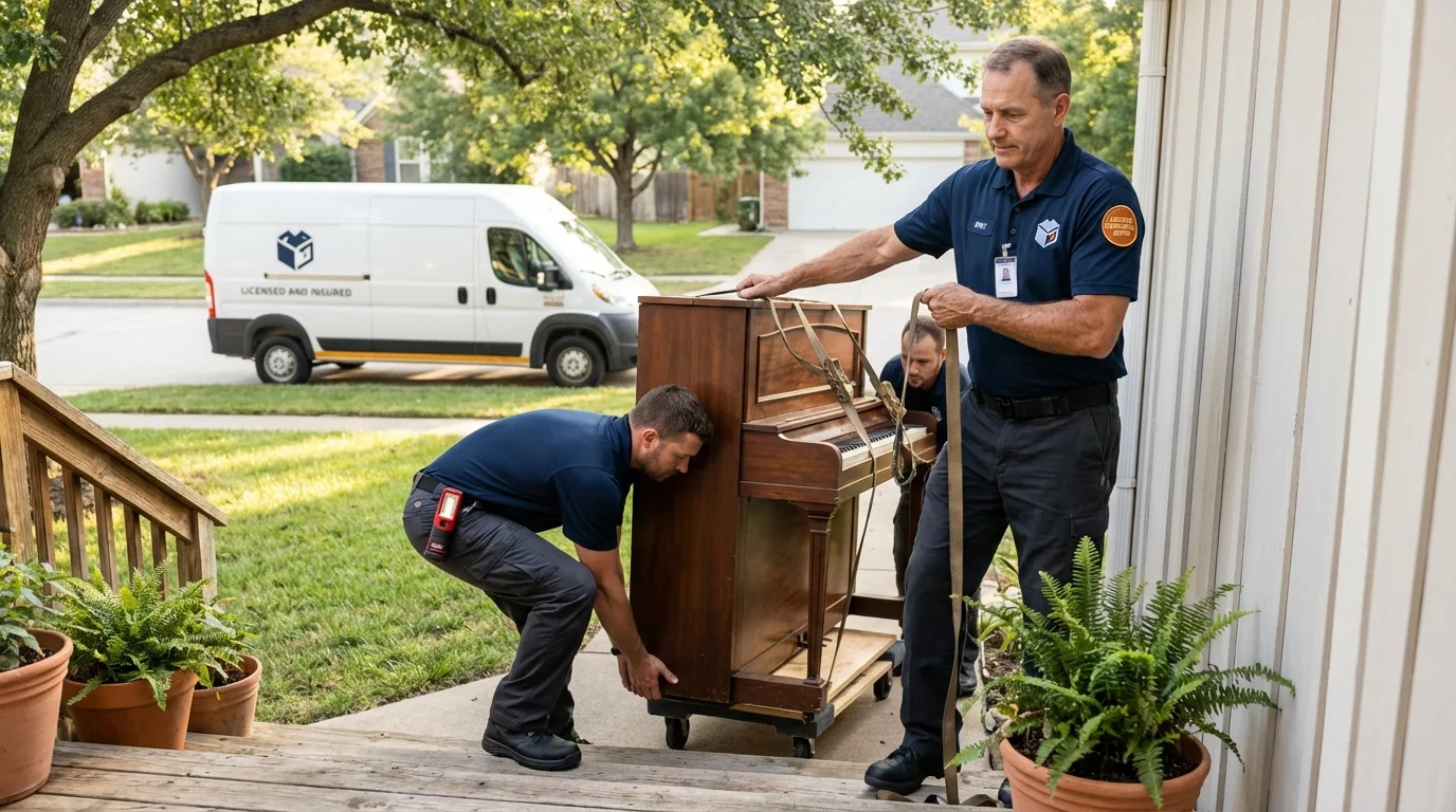 Licensed piano movers securing grand piano in Warsaw, IL