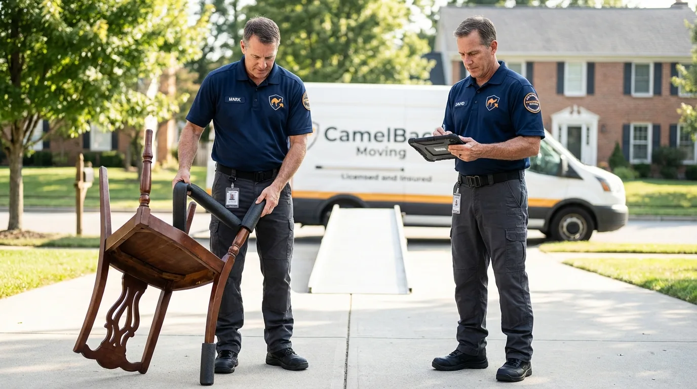 Movers inspecting furniture for damage prevention before loading in Warsaw, IL