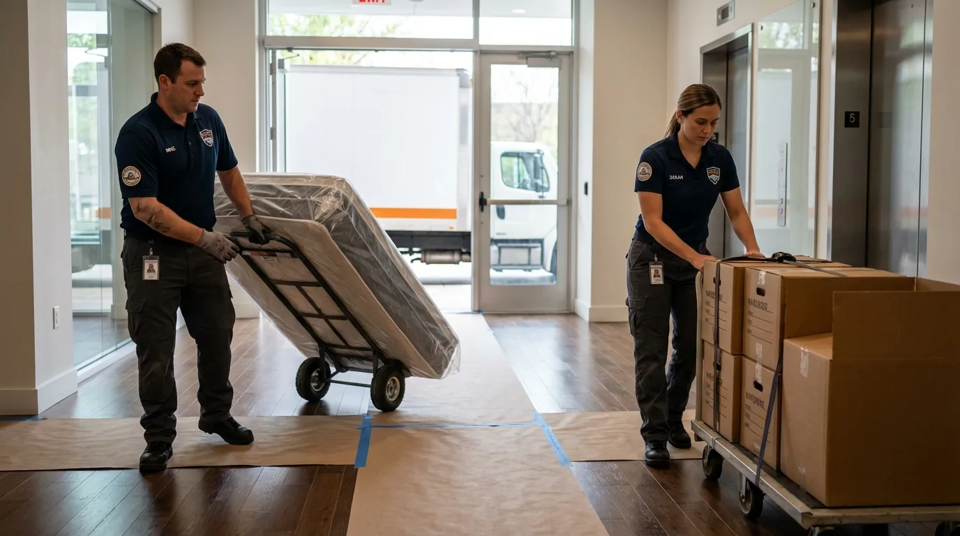 Professional apartment movers loading elevator in Warsaw, IL